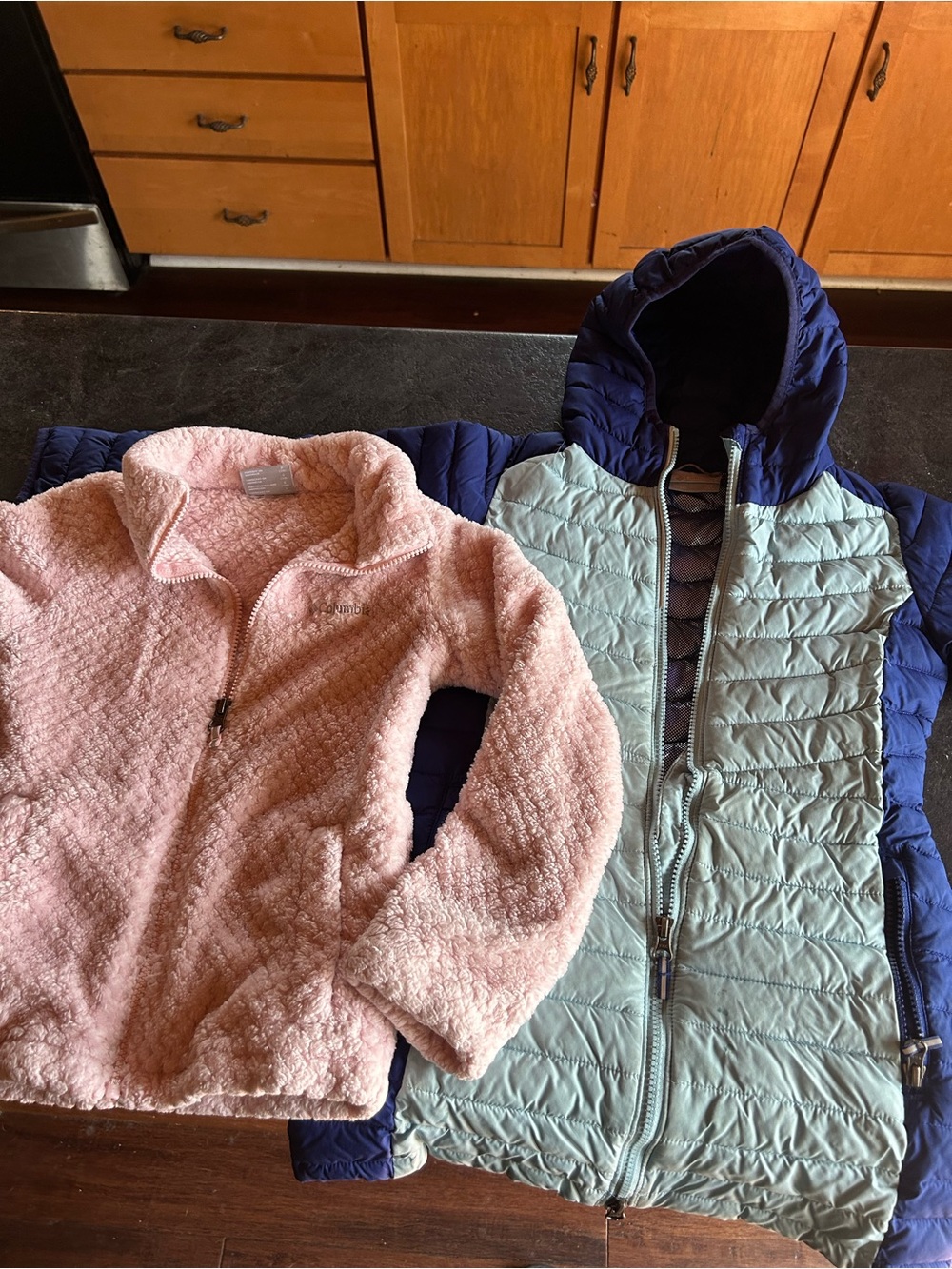 Columbia Pink Sherpa Jacket with Light Blue & Navy Puffer Vest
